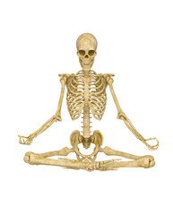 skeleton is doing a relaxing namaste yoga pose