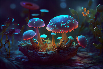 Fototapeta na wymiar Psilocybin mushrooms, generative ai illustration. Commonly known as magic mushrooms, a group of fungi that contain psilocybin