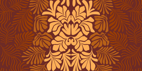 Brown beige abstract background with tropical palm leaves in Matisse style. Vector seamless pattern with Scandinavian cut out elements.