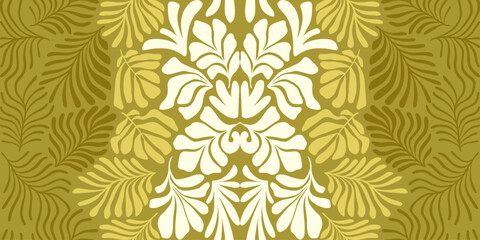 Khaki yellow abstract background with tropical palm leaves in Matisse style. Vector seamless pattern with Scandinavian cut out elements.