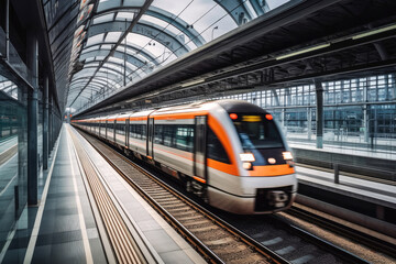 Fototapeta premium Fast moving train entering train station. Generative ai.