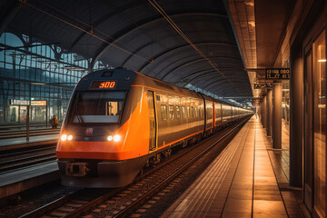 Fototapeta premium Fast moving train entering train station. Generative ai.
