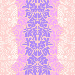 Pastel pink purple brown abstract background with tropical palm leaves in Matisse style. Vector seamless pattern with Scandinavian cut out elements.