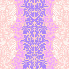 Pastel pink purple brown abstract background with tropical palm leaves in Matisse style. Vector seamless pattern with Scandinavian cut out elements.