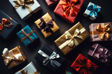 Gift boxes wrapped with bows, viewed from above. Generative ai.