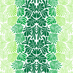 White green abstract background with tropical palm leaves in Matisse style. Vector seamless pattern with Scandinavian cut out elements.