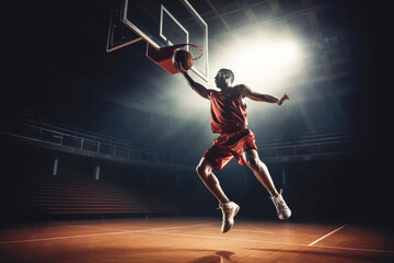Fototapeta na wymiar Basketball player on basketball court in action. Slam dunk. Generative ai.