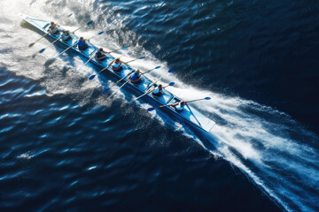 Rowing team on blue water. Top down view. Generative ai.