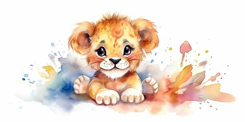 colorful watercolor lion cub illustration Generative AI art