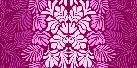 Purple pink abstract background with tropical palm leaves in Matisse style. Vector seamless pattern with Scandinavian cut out elements.