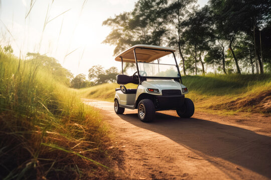 Golf cart on golf course. Generative ai.