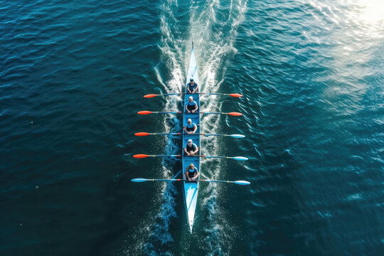 Rowing team on blue water. Top down view. Generative ai.