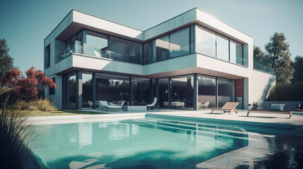 Obraz na płótnie Canvas modern luxury house with a swimming pool in front, on a sunny summer day - Ai generative