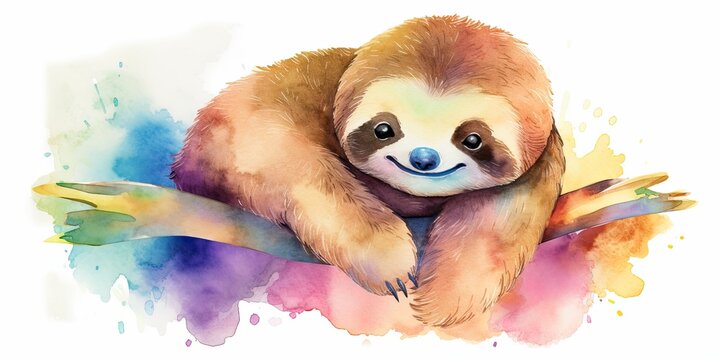 colorful watercolor baby sloth illustration Generative AI art