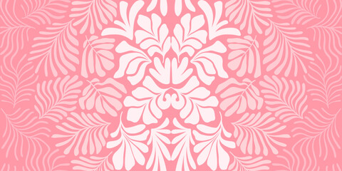 Pink white abstract background with tropical palm leaves in Matisse style. Vector seamless pattern with Scandinavian cut out elements.