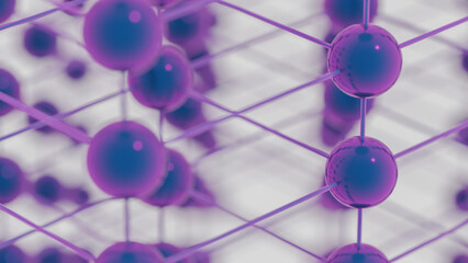Abstract geometric 3d close-up illustration of a molecular grid made of shiny lilac plastic