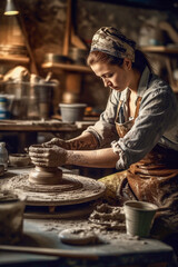 Young woman worker working in pottery workshop - ai generative