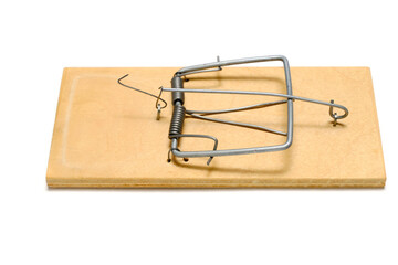 Empty wooden mousetrap white background.