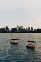 Fototapeta premium Sail boat with city skyline in Charles River, Boston