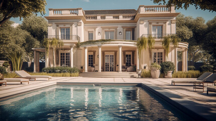 modern classic style villa with a swimming pool in front, on a sunny summer day - Ai generative