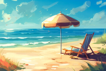 An illustration of a sandy beach with a chair and an umbrella on it. Created with Generative AI