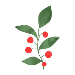 charming watercolor botanical branch, with leaves and berries on a white isolated background with a watercolor texture. Vector element for decoration, decoration, design.