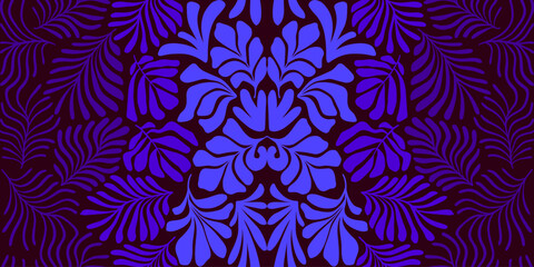 Purple blue gradient abstract background with tropical palm leaves in Matisse style. Vector seamless pattern with Scandinavian cut out elements.
