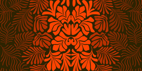 Orange red gradient abstract background with tropical palm leaves in Matisse style. Vector seamless pattern with Scandinavian cut out elements.