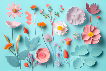 Flat lay creative floral background illustration concept of fresh field. AI Generative