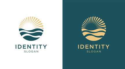 Sun logo with sea wave vector design © mupppid