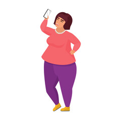 Smiling fat woman using phone. Curvy lady taking selfie photo vector cartoon illustration