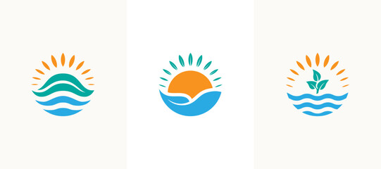 Obraz premium Sun logo with sea wave, leaf and plant vector set design