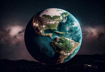 Abwaschbare Fototapete Vollmond und Bäume Planet Earth with highlighted Puerto Rico in space with Moon and Milky Way. Visible city lights and country borders. Generative AI