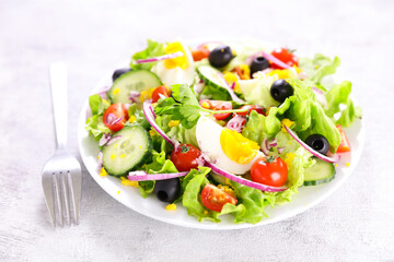 healthy vegetable salad with fresh lettuce,  tomato, cucumber and egg- diet food, healthy eating concept