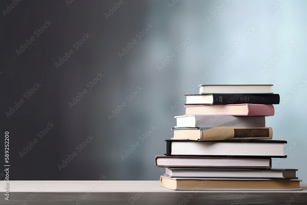 Poster learning and knowledge. books on table with bookshelf background and copy space