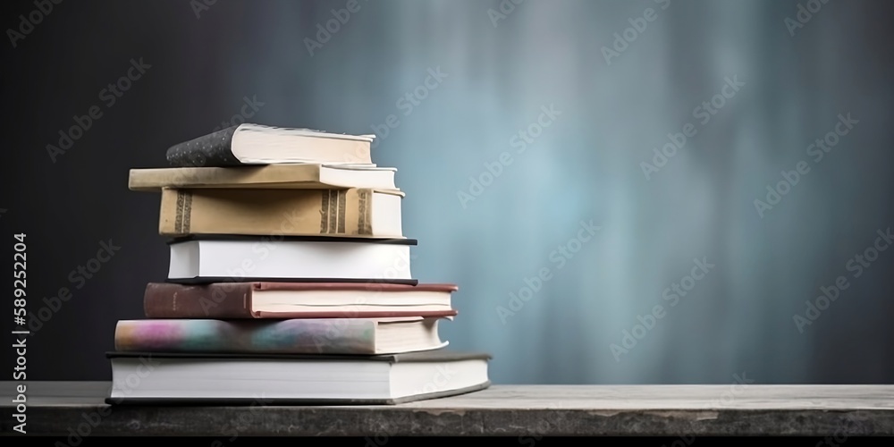 Poster learning and knowledge. books on table with bookshelf background and copy space