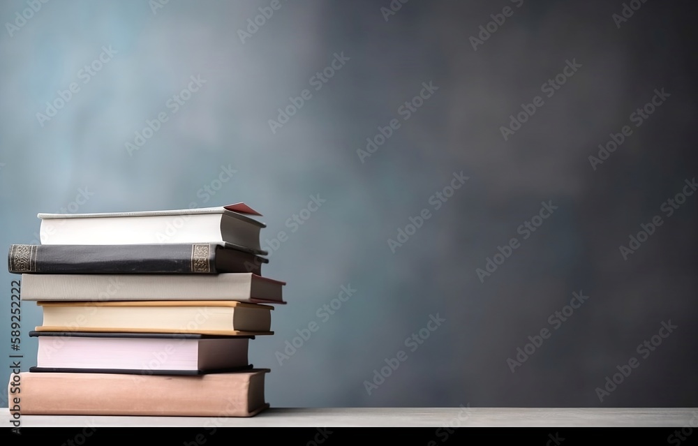 Poster learning and knowledge. books on table with bookshelf background and copy space