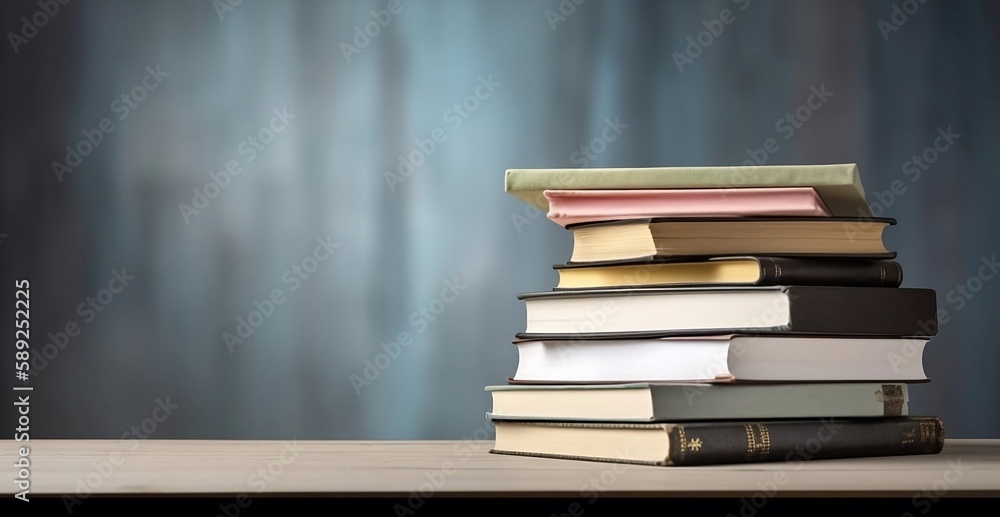 Poster learning and knowledge. books on table with bookshelf background and copy space