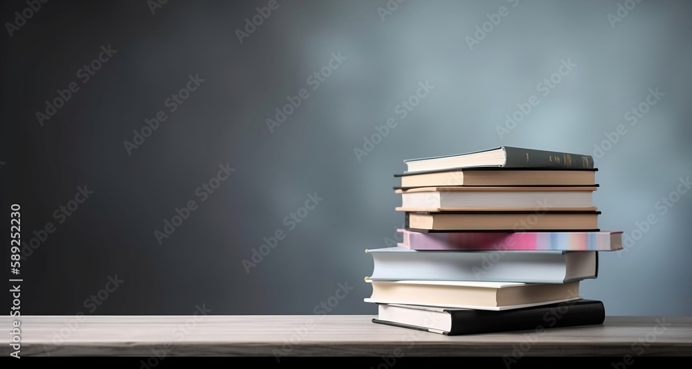 Poster learning and knowledge. books on table with bookshelf background and copy space