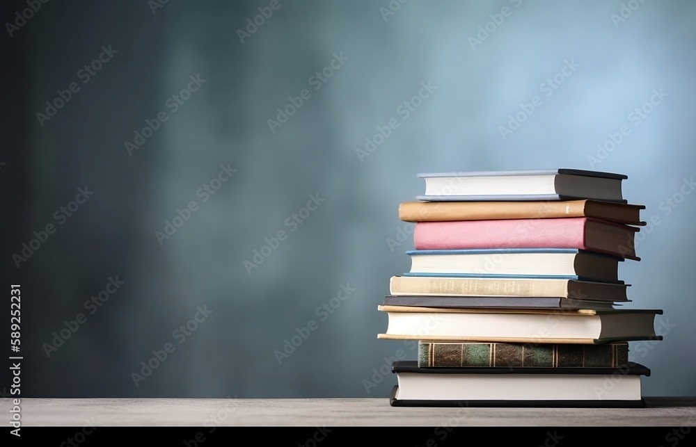 Poster learning and knowledge. books on table with bookshelf background and copy space