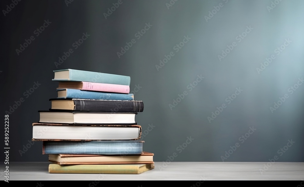 Poster learning and knowledge. books on table with bookshelf background and copy space