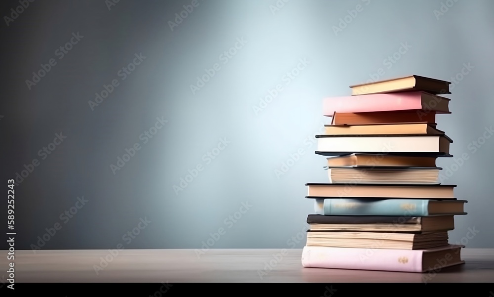 Poster learning and knowledge. books on table with bookshelf background and copy space