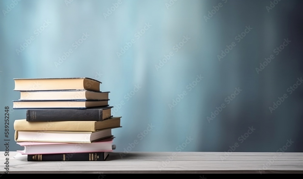Poster learning and knowledge. books on table with bookshelf background and copy space