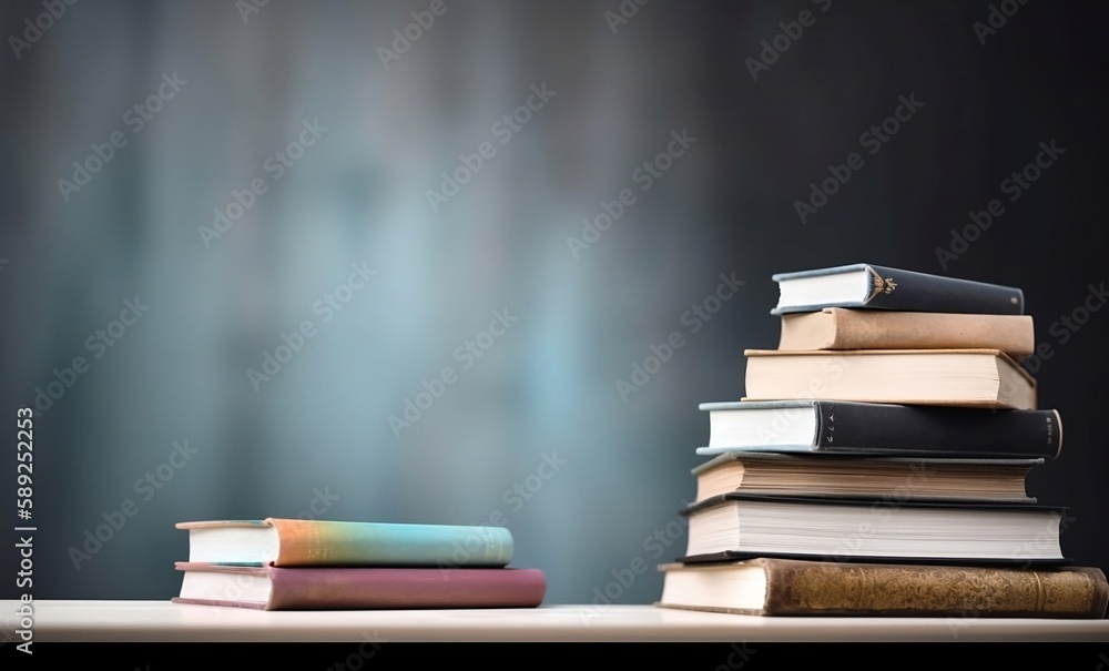 Poster learning and knowledge. books on table with bookshelf background and copy space