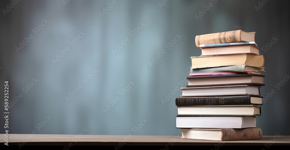 Poster learning and knowledge. books on table with bookshelf background and copy space