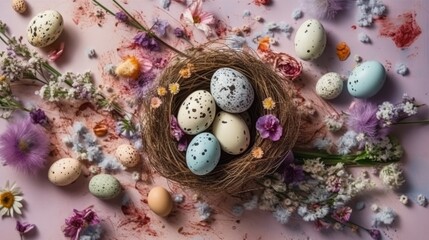 Fototapeta na wymiar Springtime Easter Celebration: Colorful Eggs, Flowers & Quails on Pastel Background with Overhead View and Intricate Details, Generative AI
