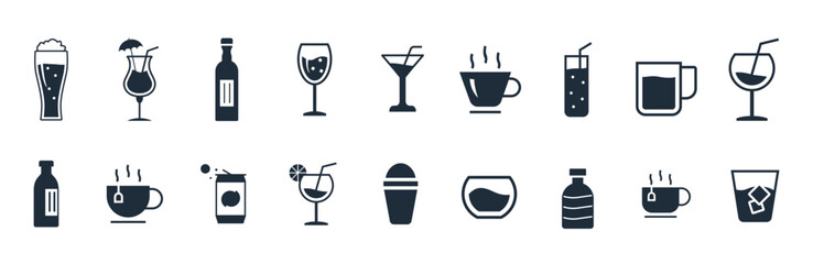 Drink Icons Vector illustration set. Tea, Coffee, Cocoa, Cups, bottle, glass, and more
