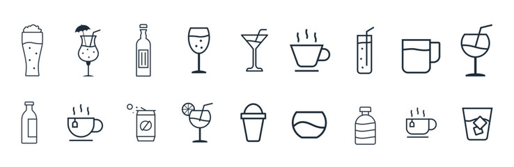 Drink Icons Vector illustration set. Tea, Coffee, Cocoa, Cups, bottle, glass, and more