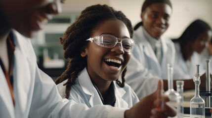 Excited Black Teenage Girl Conducting Science Experiment in High School Chemistry Lab. Minority Representation in Education. Smiling African American Student Excited about STEM. Generative AI - obrazy, fototapety, plakaty