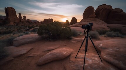 Solitude at Arches: Capturing Dramatic Sunset Lighting on Minimalistic Rock Formation with 120 Film Camera and Tripod